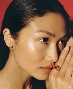 Petite Halo Huggies with Ruby Teardrop Charms