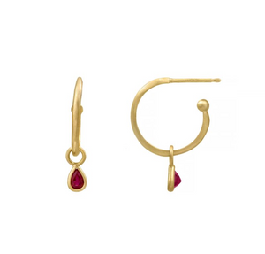 Petite Halo Huggies with Ruby Teardrop Charms