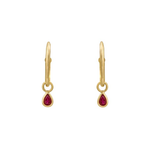 Petite Halo Huggies with Ruby Teardrop Charms
