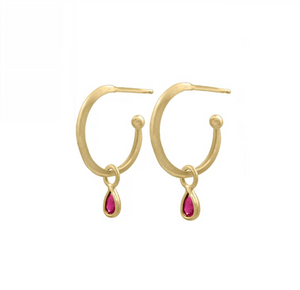 Petite Halo Huggies with Ruby Teardrop Charms