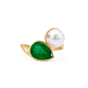 Pearl and Pear Emerald Twist Ring