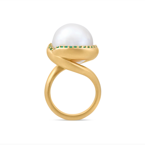 Pearl Twist Cocktail Ring with Emerald Pavé