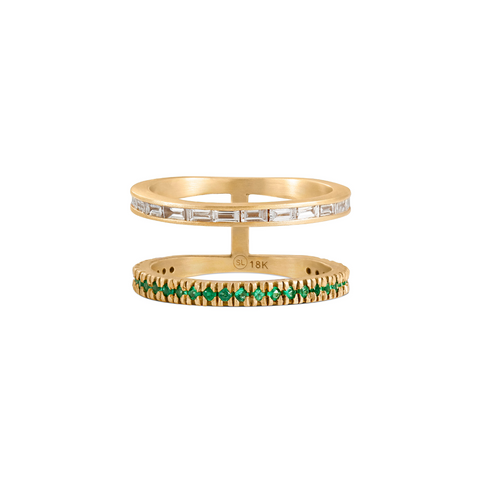 Emerald and Diamond Baguette Double Bar Ring