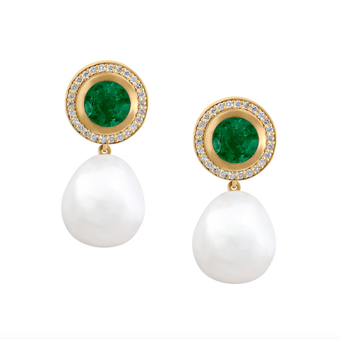 Pearl Drop Earrings with Emerald and Diamond Studs