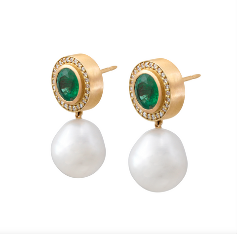 Pearl Drop Earrings with Emerald and Diamond Studs