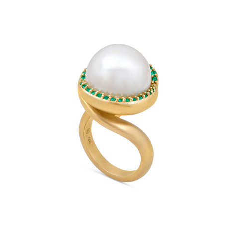 Pearl Twist Cocktail Ring with Emerald Pavé
