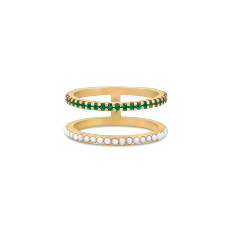 Pearl and Emerald Double Bar Ring